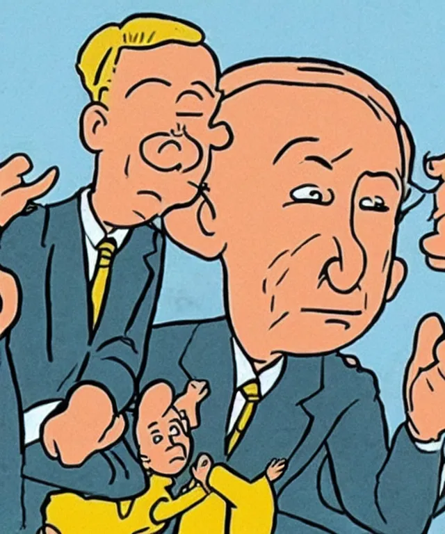 Image similar to a hand-drawn character from Tintin looking like Benjamin Netanyahu, Comics, Hergé