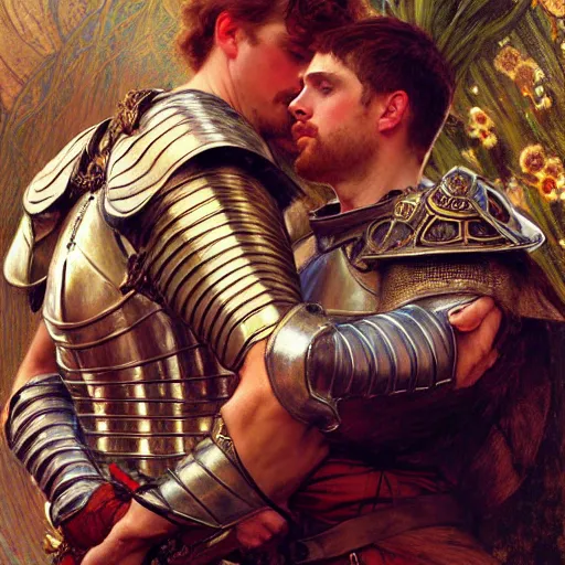 Image similar to attractive arthur pendragon and his attractive male knight, they are in love, natural lighting, path traced, highly detailed, high quality, digital painting, by gaston bussiere, craig mullins, alphonse mucha j. c. leyendecker