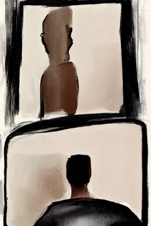 Image similar to man looking at his reflection in the mirror, 1960’s minimalist advertising illustration, painterly, expressive brush strokes