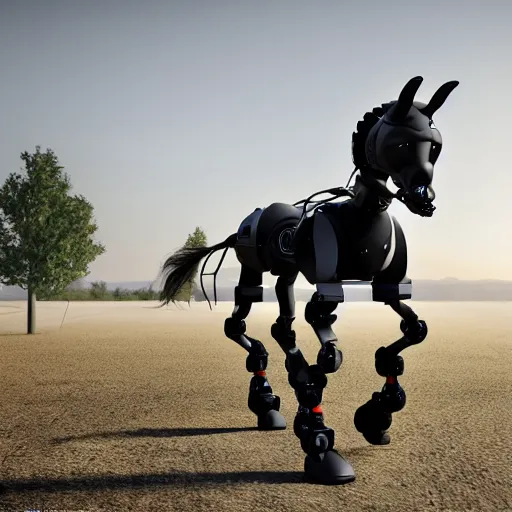 Prompt: boston dynamics horse robot, black with yellow accents, photorealistic, 8 k, octane render