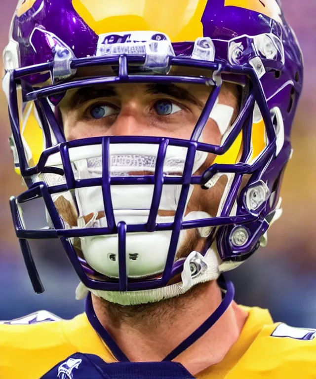 Prompt: extreme close up photo of adam thielen taken with an ultra wide angle lens