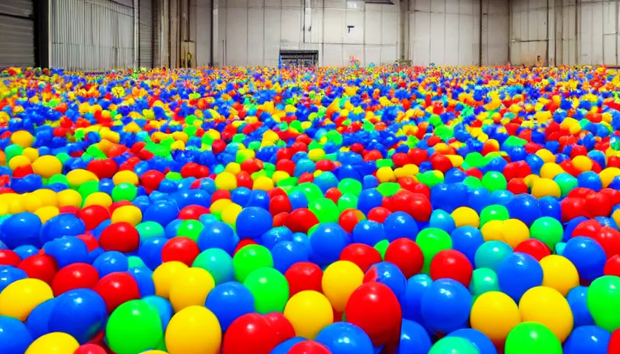 Prompt: an empty warehouse with a kiddie pool filled with colorful plastic balls