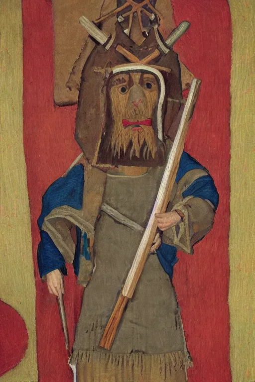 Image similar to slavic dog head man, woolen torso in medieval clothes, holding a weapon, orthodox, oil painting, concept art, hyperrealism, beautiful, high resolution, trending on artstation, by annie swynnerton and nicholas roerich, embroidered robes, elaborate costume, geometric ornament, symbolist, soft colors, dramatic lighting, extremely detailed, two hands,