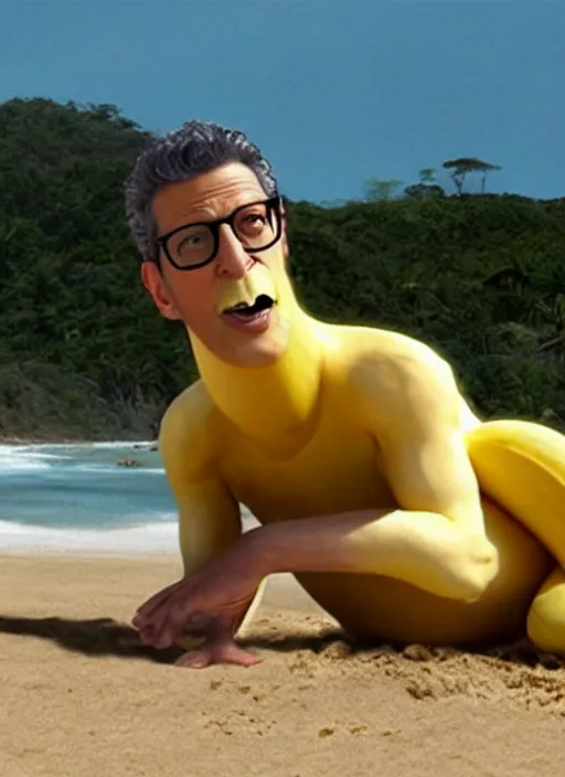 Image similar to jeff goldblum as a banana on the sand of a beach