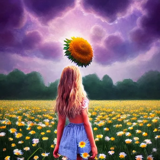 Image similar to head made of giant daisies, girl standing barefoot in a vast flower field, holding flowers, surreal photography, sunrise dramatic light, impressionist painting, colorful clouds, large sky, digital painting, artstation, simon stalenhag, flower face