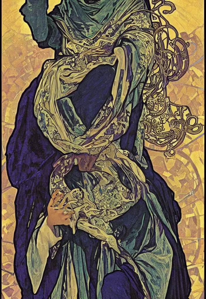 Image similar to Yoshua Bengio as the emperor on a tarot card, tarot in art style by Alphonse Mucha