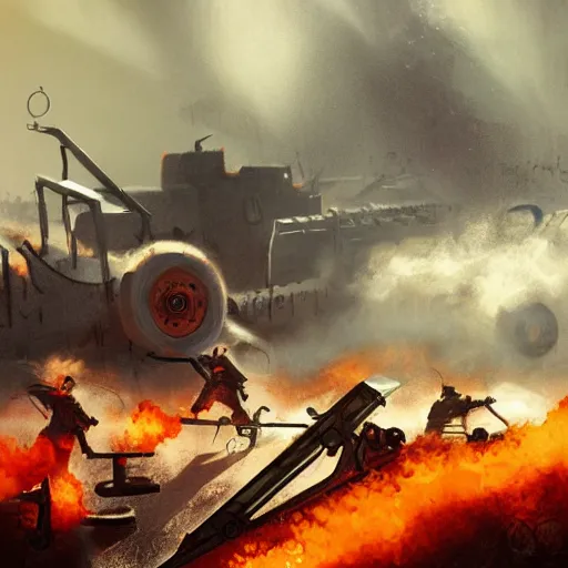 Image similar to bloody war scene, explosions, soldiers running, fog, sun beams, big machines dieselpunk style, no text, painting style