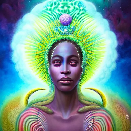 Image similar to obatala the african cosmic queen sitting in a cabana made of nebula clouds, by Adi granov and afarin sajedi and amanda sage and evgeni gordiets and Agostino Arrivabene in a psychedelic portrait style, ultrarealistic matte painting, volumetric lighting, fractal, extremely symmetrical, highly detailed face, orisha, 8k, hd