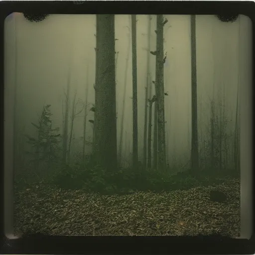 Prompt: concrete structure in a forest clearing at night, foggy, minimalistic architecture, dark, surreal, open space, light art, james turrel, old polaroid, expired film,