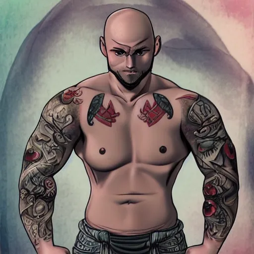 Image similar to muscular bald man, tattooed body, sword in hands, HD, anime style,