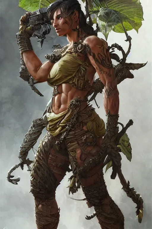 Prompt: full body portrait of a jungle fighter lady, muscular, upper body, arm tattoos, D&D, fantasy, intricate, elegant, highly detailed, digital painting, artstation, concept art, matte, sharp focus, illustration, art by Artgerm and Greg Rutkowski and Craig Mullins and Alphonse Mucha