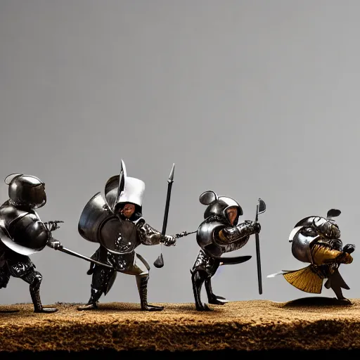 Prompt: photo of a diorama of mice in medieval battle armor, studio lighting, nikon lens, black background