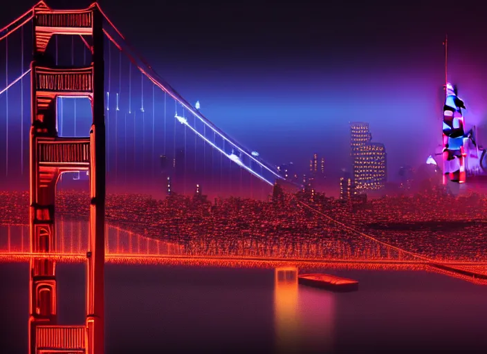 Image similar to cyberpunk scifi scene of san francsico skyline at night, golden gate bridge, artstation, matt painting, very detailed, maximalism, ambient occlusion, volumetric light, atmospheric haze, unreal engine, hyper realism, realistic shading, cinematic composition, realistic render, octane render, detailed textures, photorealistic, wide shot