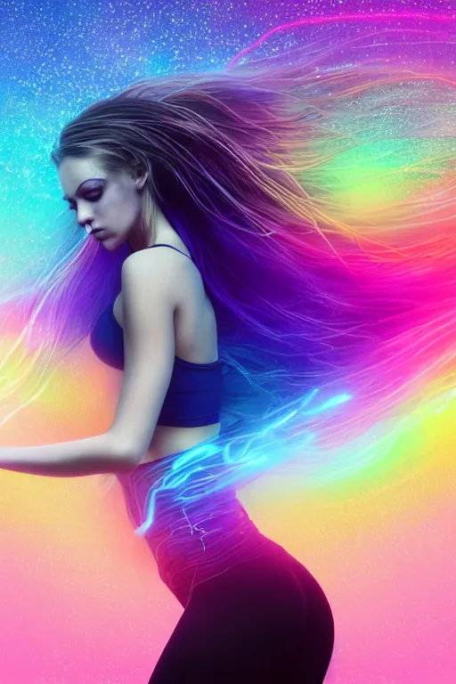 Image similar to a award winning half body portrait of a beautiful woman with stunning eyes in a croptop and leggings with reinbow colored ombre hairstyle head in motion and hair flying while dancing by thomas danthony, surrounded by whirling illuminated lines, outrun, vaporware, shaded flat illustration, digital art, trending on artstation, highly detailed, fine detail, intricate