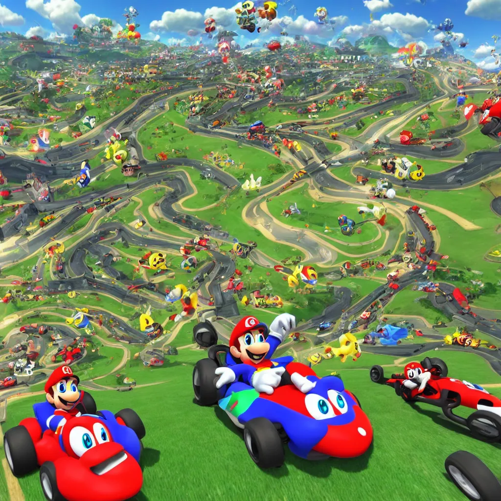 Image similar to new kart race game better then mario kart 8 deluxe from nintendo. made by supercell, disney, pixar.