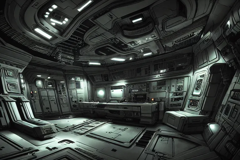 Image similar to Nostromo spaceship interior from ((Alien)) by HR Giger, highly detailed intricate interior design, sharp focus, smooth, 4k, octane render, dark ambient lighting, digital painting, artstation