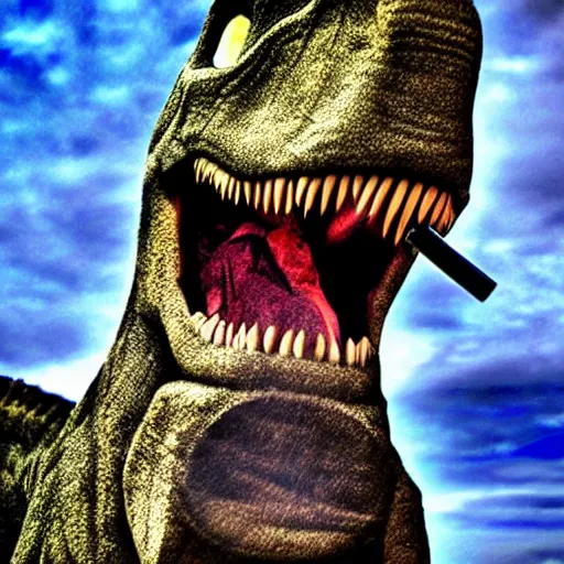 Image similar to dinosaur smoking a cigarette in their mouth realistic hdr professional shot