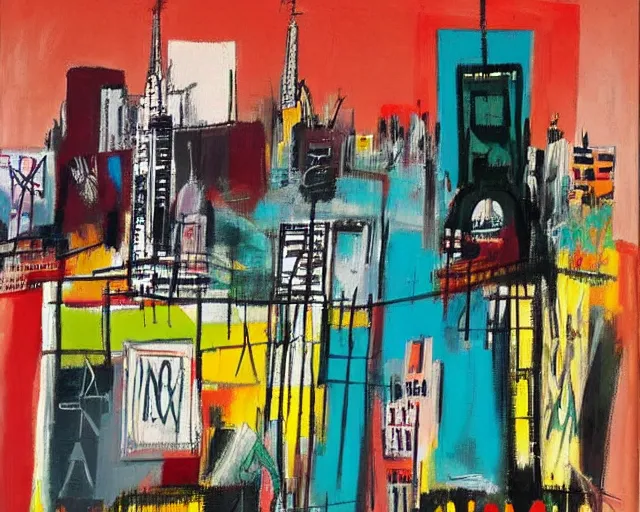 Prompt: painting of new york city skyline by graham sutherland, basquiat, neo - expressionism, muted colors!!!