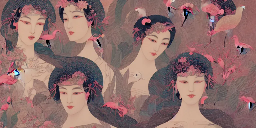 Prompt: breathtaking detailed concept art painting art deco pattern of faces goddesses of flamingo with anxious piercing eyes and blend of flowers and birds, by hsiao - ron cheng and john james audubon, bizarre compositions, exquisite detail, extremely moody lighting, 8 k