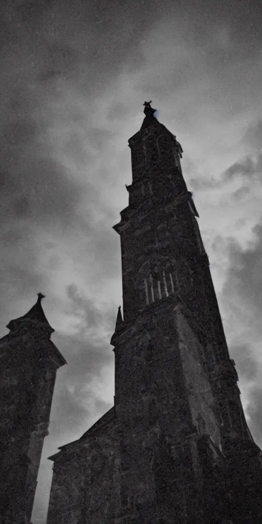 Prompt: low-angle shot of alexei navalny with vladimir putin together, dark gloomy church, midnight, moon, horror, thunder sky, rain, sadness, depression, fog, darkness