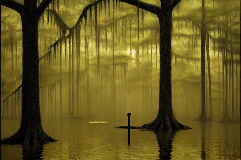 Image similar to scene from louisiana swamps, graveyard, voodoo, artwork by tim eitel