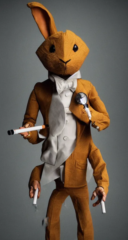 Image similar to a humanoid rabbit wearing a peak lapel suit and smoking a cigarette, chiaroscuro, medium shot, cinematic promo material