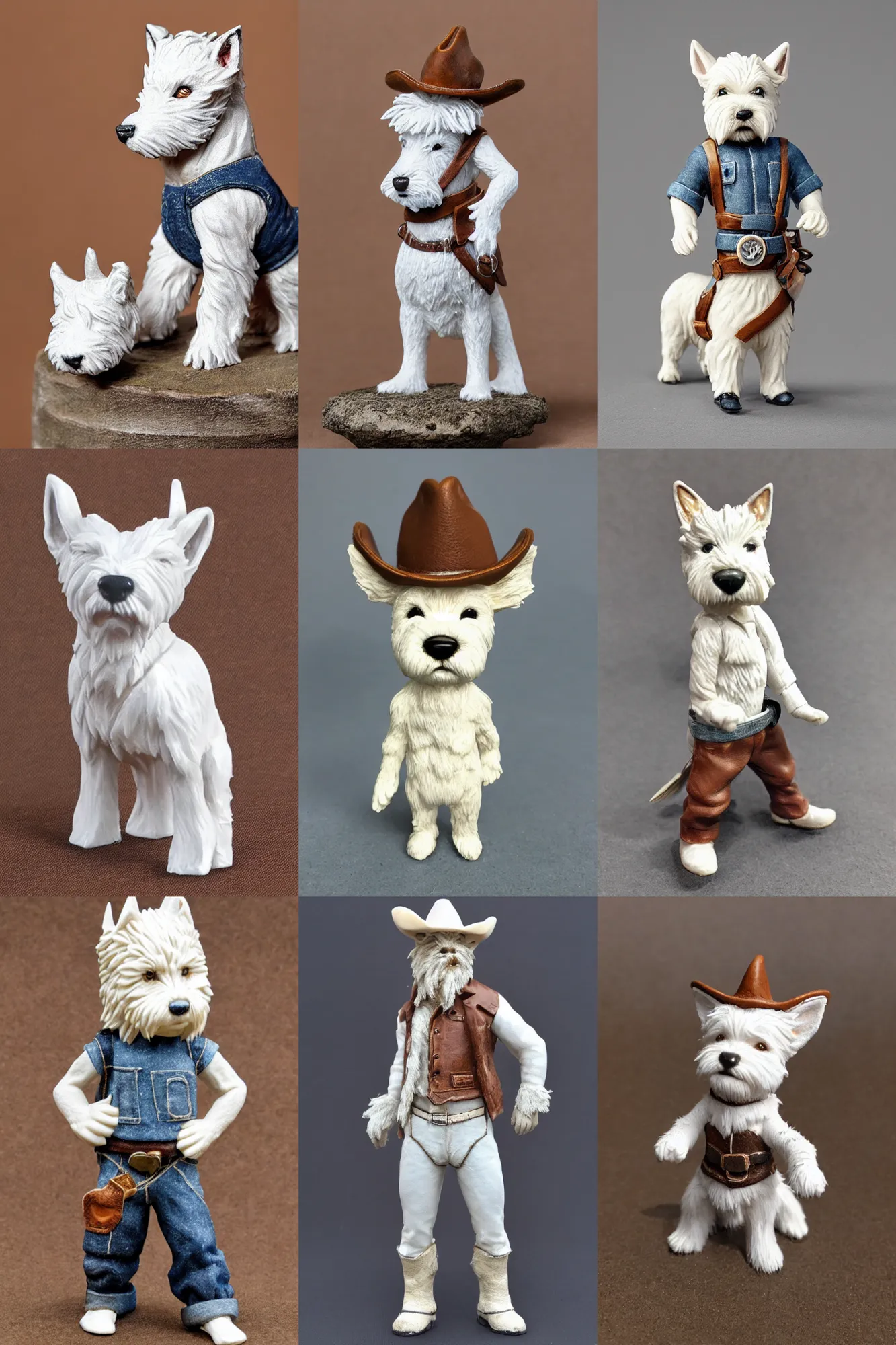 Prompt: product photo of a 120mm mini resin model of an anthropomorphic west highland white terrier-cowboy wearing, Short brown leather jacket, denim short pants, cow boy hat; ultra detailed, super realistic, 4K, Full body