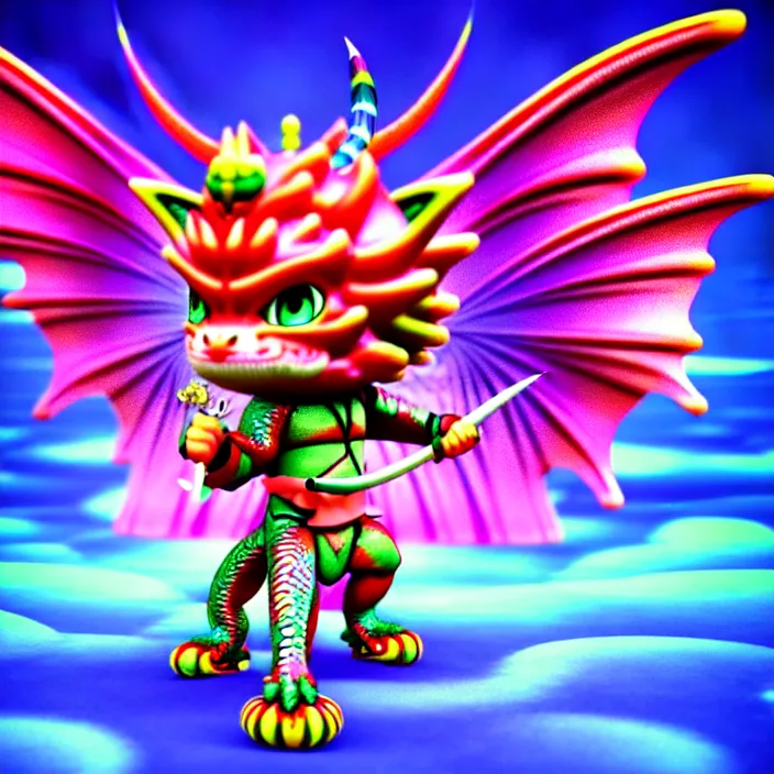 Prompt: 3 d rendered chibi dragon warrior in the style of ichiro tanida 3 d render wearing angel wings against a psychedelic acid trip swirly background with 3 d rendered butterflies and 3 d rendered flowers n the style of 1 9 9 0's cg graphics 3 d rendered y 2 k aesthetic by ichiro tanida, 3 do magazine