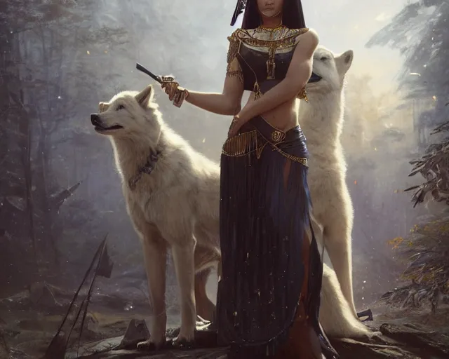 Prompt: 5 5 mm portrait photo of sensual cleopatra with her pet white wolves. magical atmosphere. art by greg rutkowski. highly detailed 8 k. intricate. lifelike. soft light. ilya kuvshinov and jeremy lipking and quentin mabille, light novel cover art, 3 d epic illustrations, symmetric body,