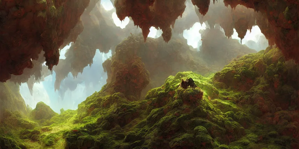 Prompt: bytopia planescape huge cave ceiling clouds made of green earth inverted upsidedown mountain artstation illustration sharp focus sunlit vista painted by ruan jia raymond swanland lawrence alma tadema zdzislaw beksinski norman rockwell tom lovell alex malveda greg staples