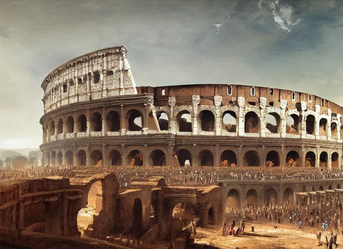 Image similar to Colosseum interior in the 100AD with two fighters in the middle and crowds cheering in kindah,digital art,realistic,detailed,art by greg rutkowski