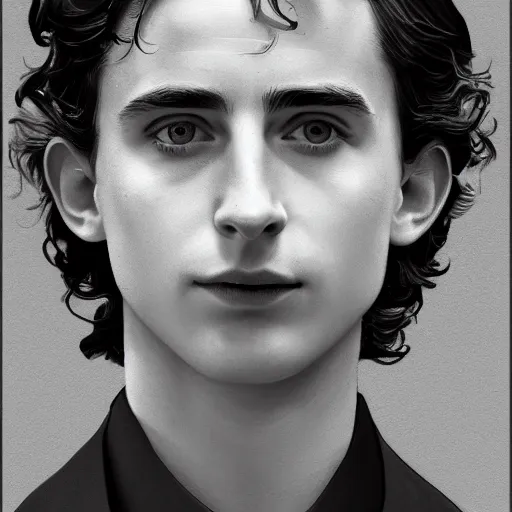 Image similar to character design, timothee chalamet believing in nothing and launching into the stratosphere with jennifer lawrence or whatever, in the style of killian eng kawase hasui james jean, artstation trending, 8 k, photorealistic, volumetric lighting caustics, black and white, detailed af