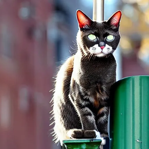 Image similar to A photo of a cat that has its tongue stuck to a lamp post due to the freezing cold.