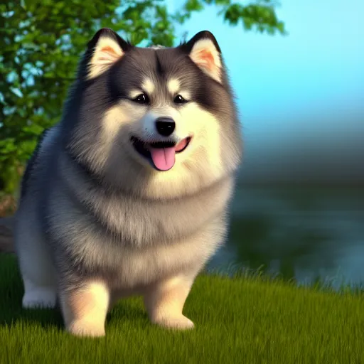 Image similar to happy finnish lapphund dog, snow, trees, stream, pixar, disney, 4 k, 3 d render, funny, animation, movie, oscar winning