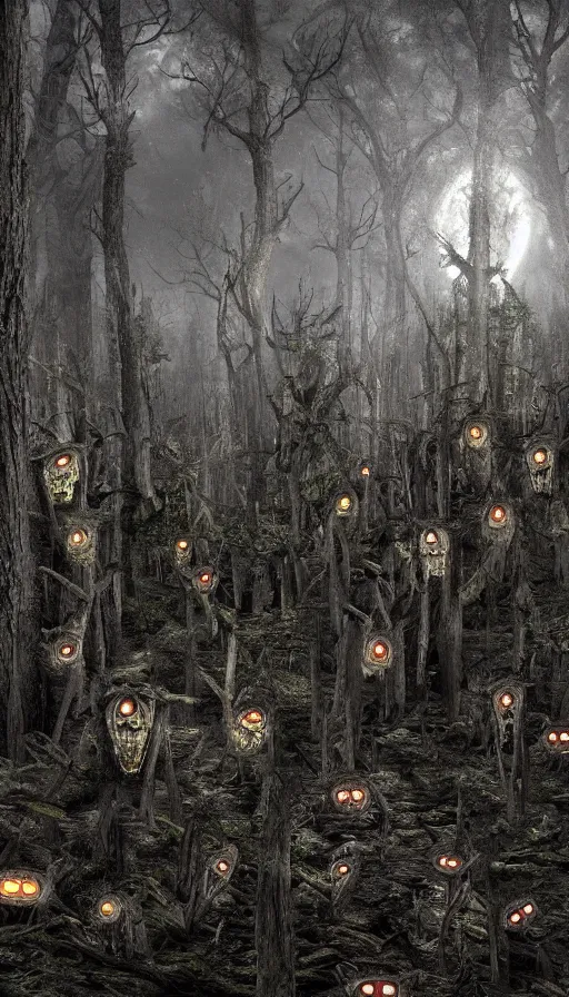 Image similar to a storm vortex made of many demonic eyes and teeth over a forest, with vray