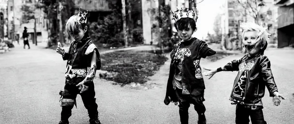 Prompt: cyberpunk boy child boy wearing gold crown riding large pig in black and white