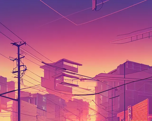 Prompt: tokyo suburb inspired by phillipe stark, art by mike winkelmann, golden hour, illustration, highly detailed, simple, smooth and clean vector curves, no jagged lines, vector art, smooth, artstation