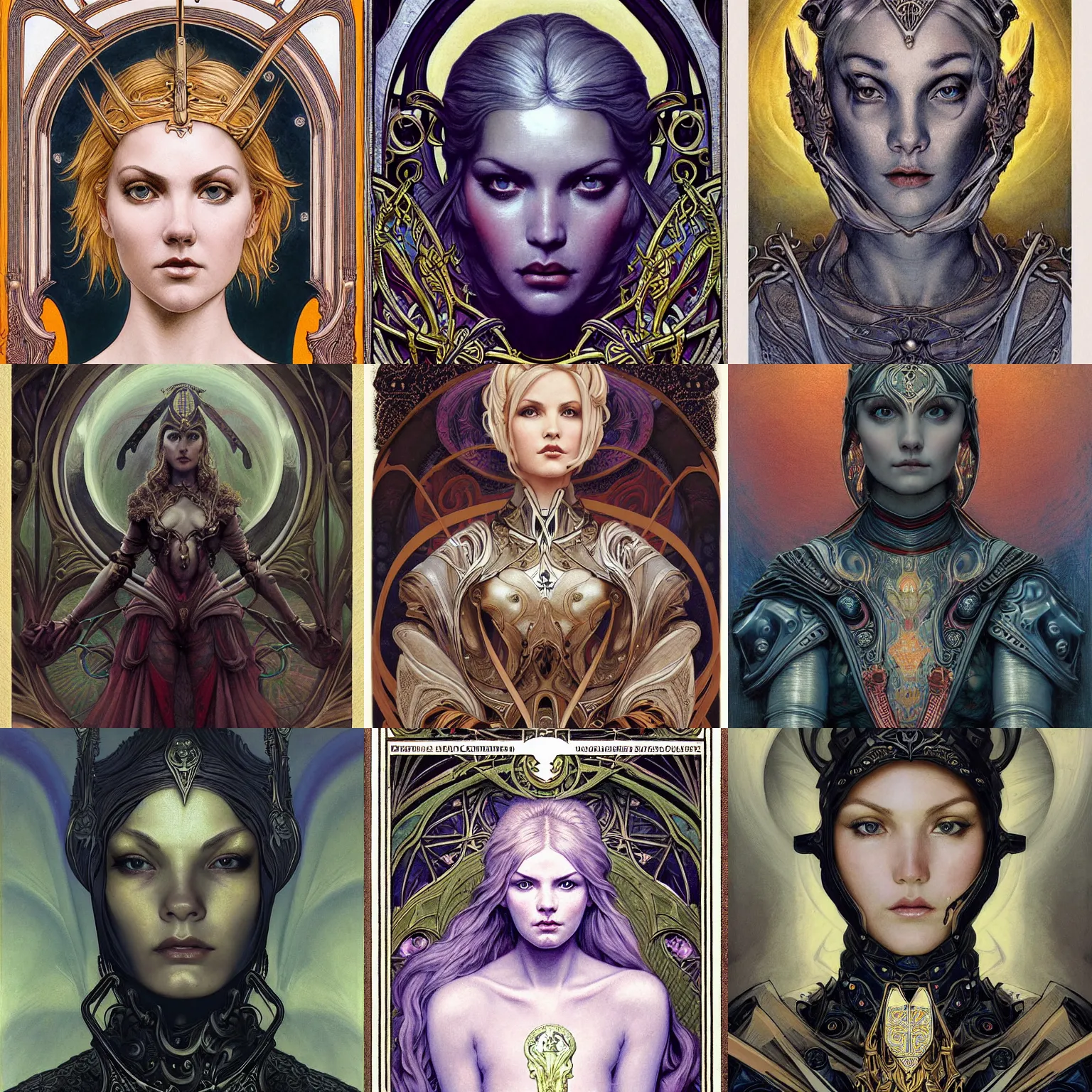 Prompt: masterpiece head-on symmetrical centered portrait, Elisha Cuthbert as a paladin, fully armoured, blonde hair, masterpiece fractal art nouveau tarot card background, art nouveau style, gothic style, victorian style, elegant, distant, in the style of Edgar Maxence and Ross Tran and Zdzisław Beksiński and Michael Whelan and Gustave Doré and H.R. Giger, specular highlights, 8k, octane render