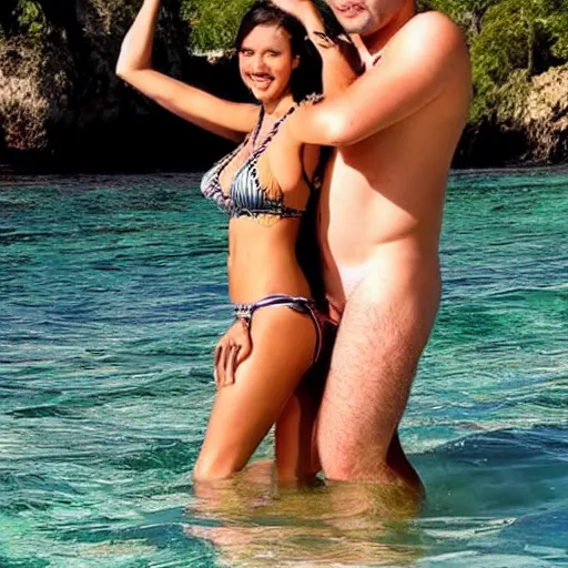 Image similar to photo of a 4 0 year old man that looks young for his age dating a very attractive and completely legal 1 8 year old woman wearing a bikini.