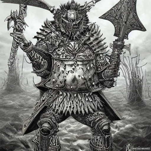 Image similar to intricate detailed burger armor warrior with huge fork weapon, dark fantasy art by kentaro miura