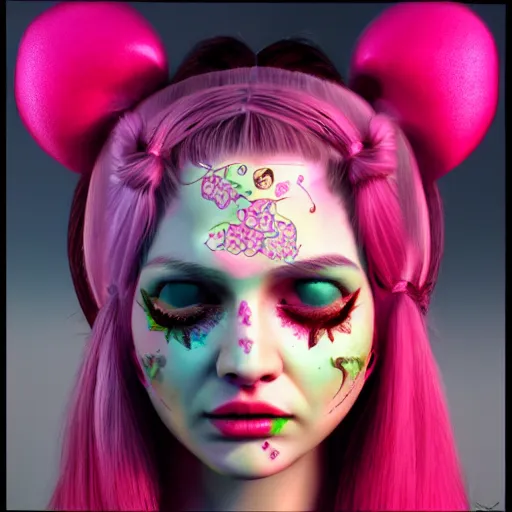 Image similar to An octane 3d render of a girl with pink pigtails, and face tattoos, 8d, HD, hyper detailed, intricate details, photorealistic, dynamic lighting, stunning visuals, creative, trending on art station,