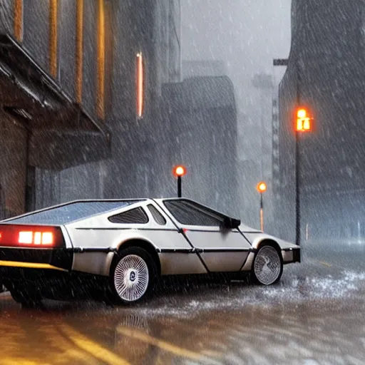 Prompt: hyperdetailed, photorealistic photograph of a dmc 1 2 delorean driving in the streets, rain, night, dense fog, hd, unreal engine 5