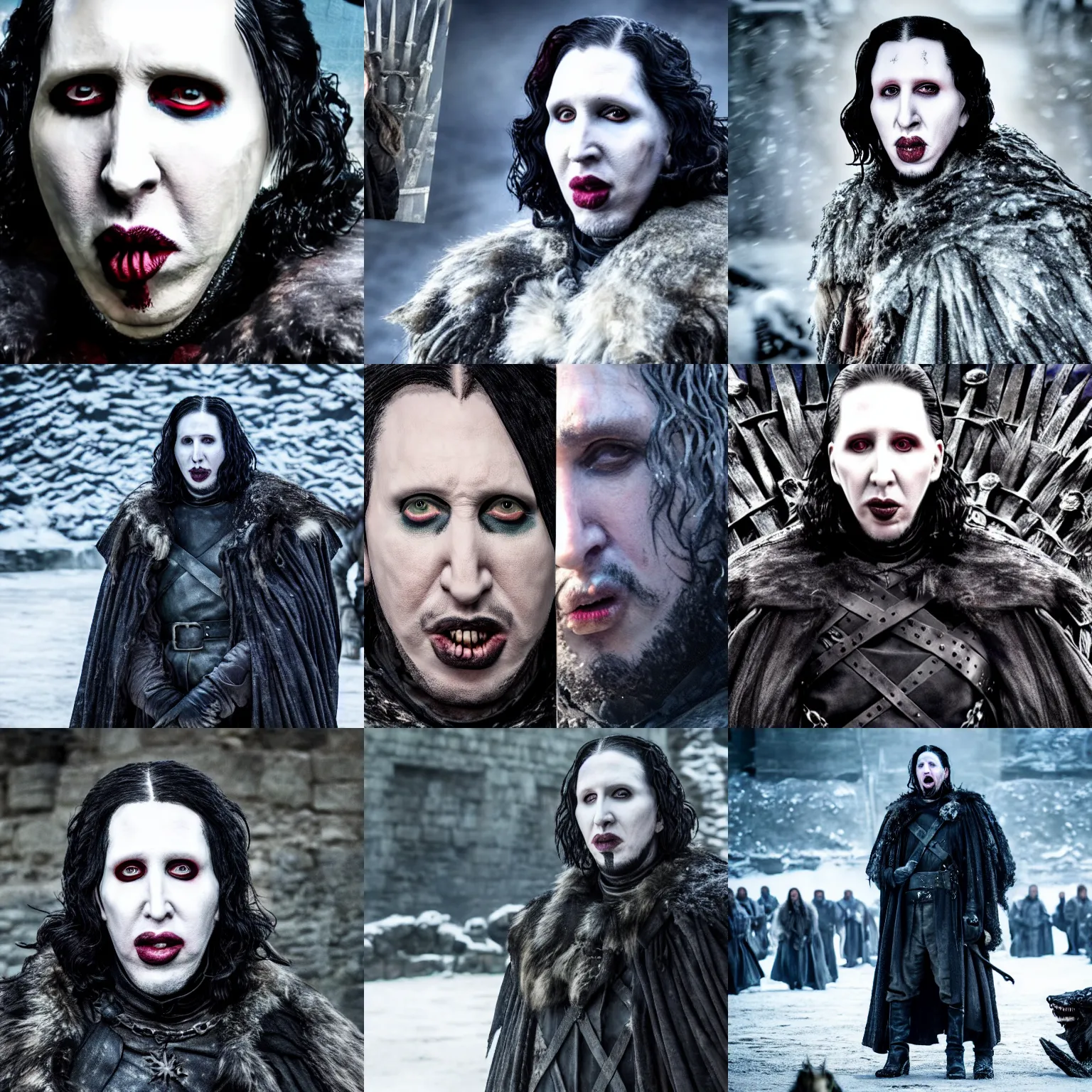 Prompt: marilyn manson as jon snow, still image from game of thrones, hd footage, upscaled to 4 k