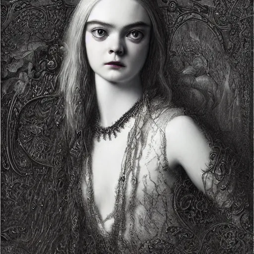 Image similar to a striking hyper real painting of Elle Fanning, dark, metal, by Gustave Dore