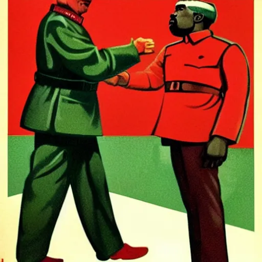 Prompt: a majestic soviet propaganda poster of stalin shaking hands with kanye west