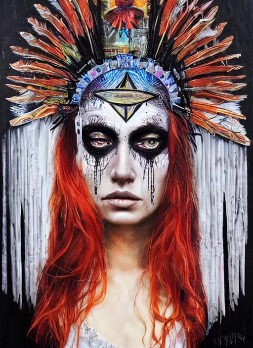 Image similar to tripping cult magic psychic woman, subjective consciousness psychedelic, epic occult ritual symbolism story iconic, dark witch headdress, oil painting, robe, symmetrical face, greek dark myth, by Sandra Chevrier, masterpiece