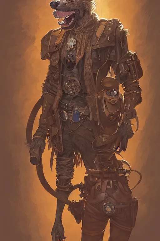 Prompt: anthropomorphic hyena as steampunk half - cyborg, western, high fantasy, dnd, smooth, sharp focus, illustration, highly detailed, digital painting, artstation, concept art, by disney animation, rossdraws, alphonse mucha, frank fanzzeta, collectible card art