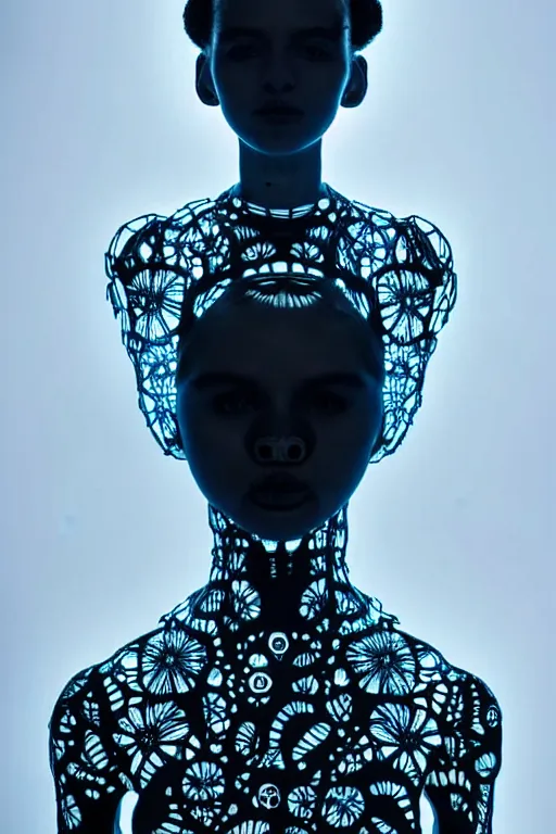 Image similar to symmetrical portrait of a woman wearing a blue embroidered translucent silicone mask and white frizzy hair buns, wearing a black bodysuit by alexander mcqueen, standing in a sterile room full of translucent silicone white flowers and plants, white background, soft diffused light, biotechnology, humanoide robot, futuristic aesthetic, translucent, ethereal, intricate details, highly detailed, masterpiece,