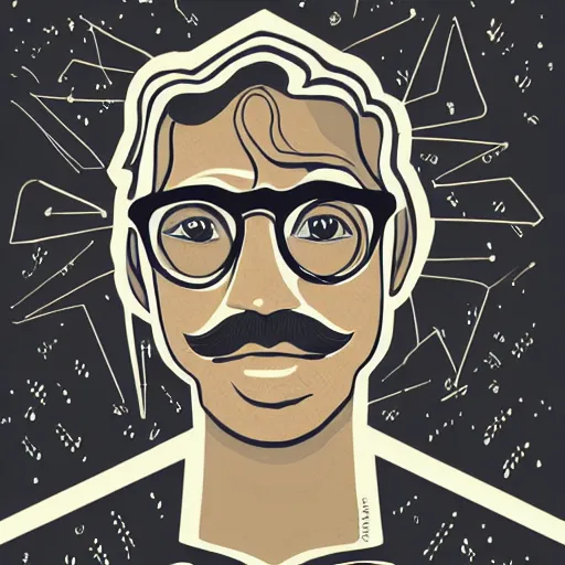 Prompt: Vintage portrait of a handsome brown-haired bearded man wearing glasses with geometric and fractal tattoos all over his face