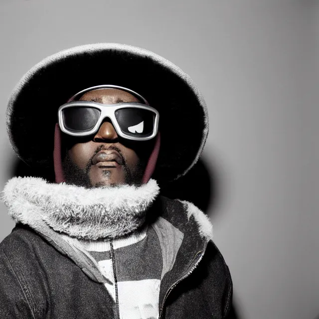 Prompt: a close-up black-and-white studio portrait of MF Doom wearing a plaid ushanka hat